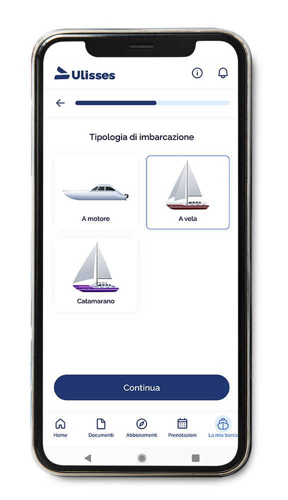 Mockup dell'applicazione Ulisses che mostra la schermata dell'area personale della selezione barca
