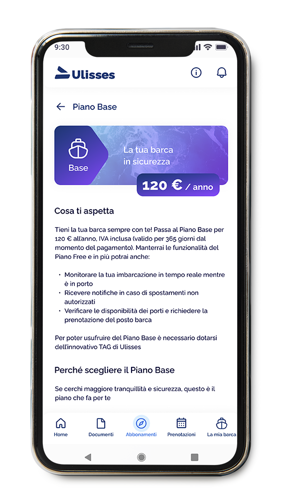 Mockup dell'applicazione Ulisses che mostra la schermata del piano base